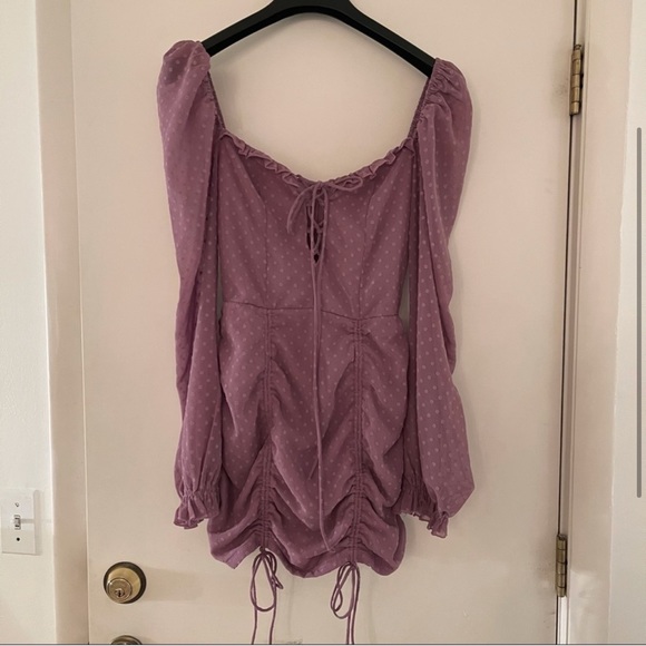 lucy in the sky purple polka dot mesh corset style peasant dress w puff sleeves - Picture 4 of 4